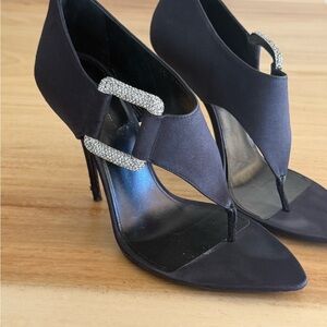Saint Laurent Black Satin Rhinestone-Embellished Thong Stiletto Heels